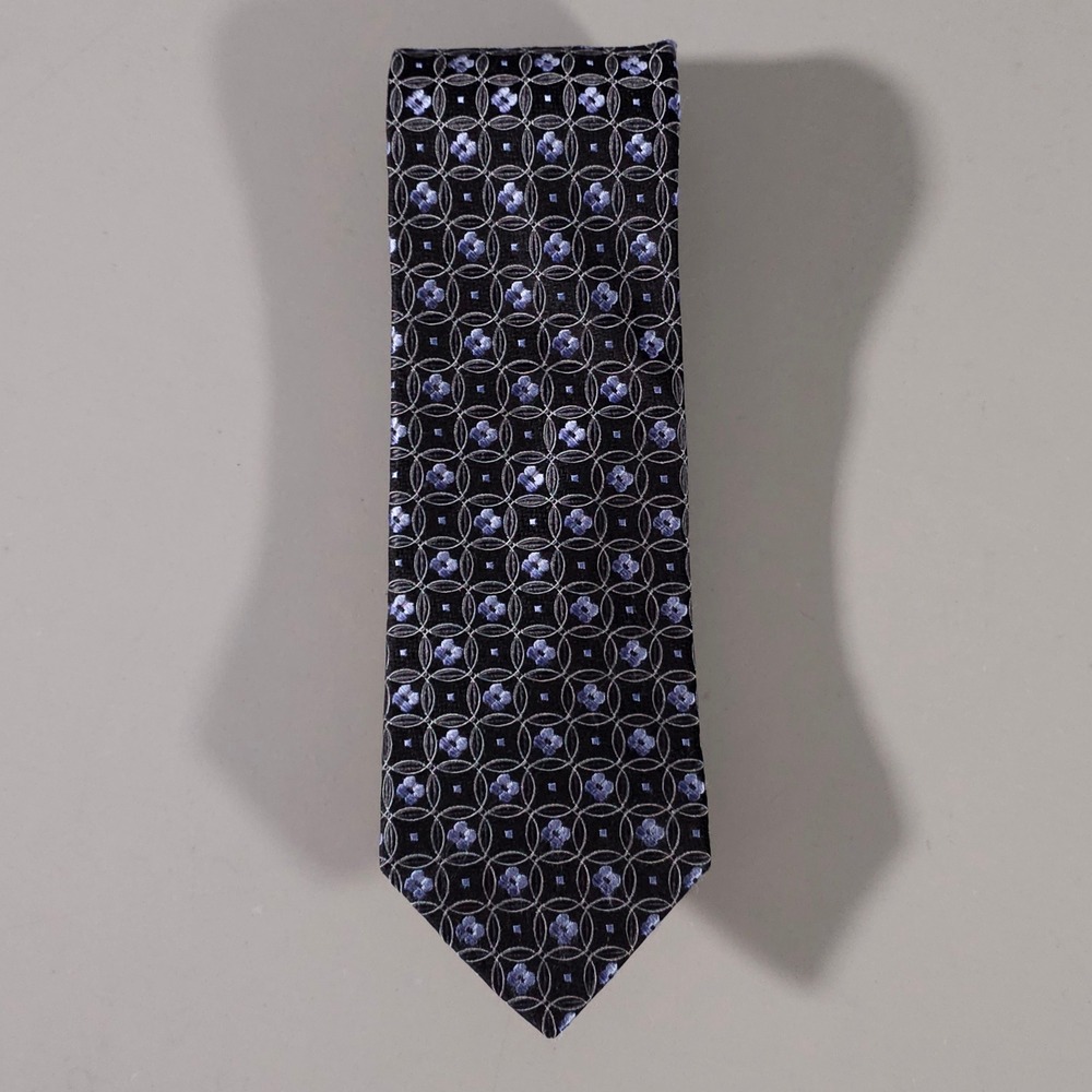 Ike Behar Necktie Mens OS Black Blue Geometric Floral Silk Hand Tailored USA